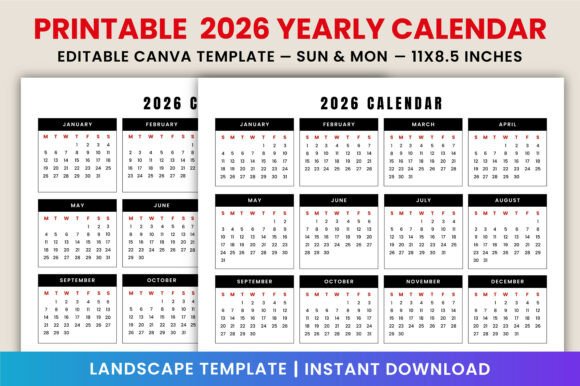 2026 Yearly Calendar - Sun Mon